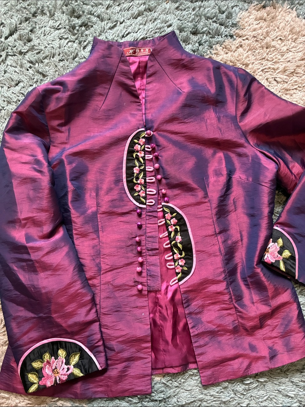 Beautiful Vintage Magenta Embroidered Mandarin Jacket